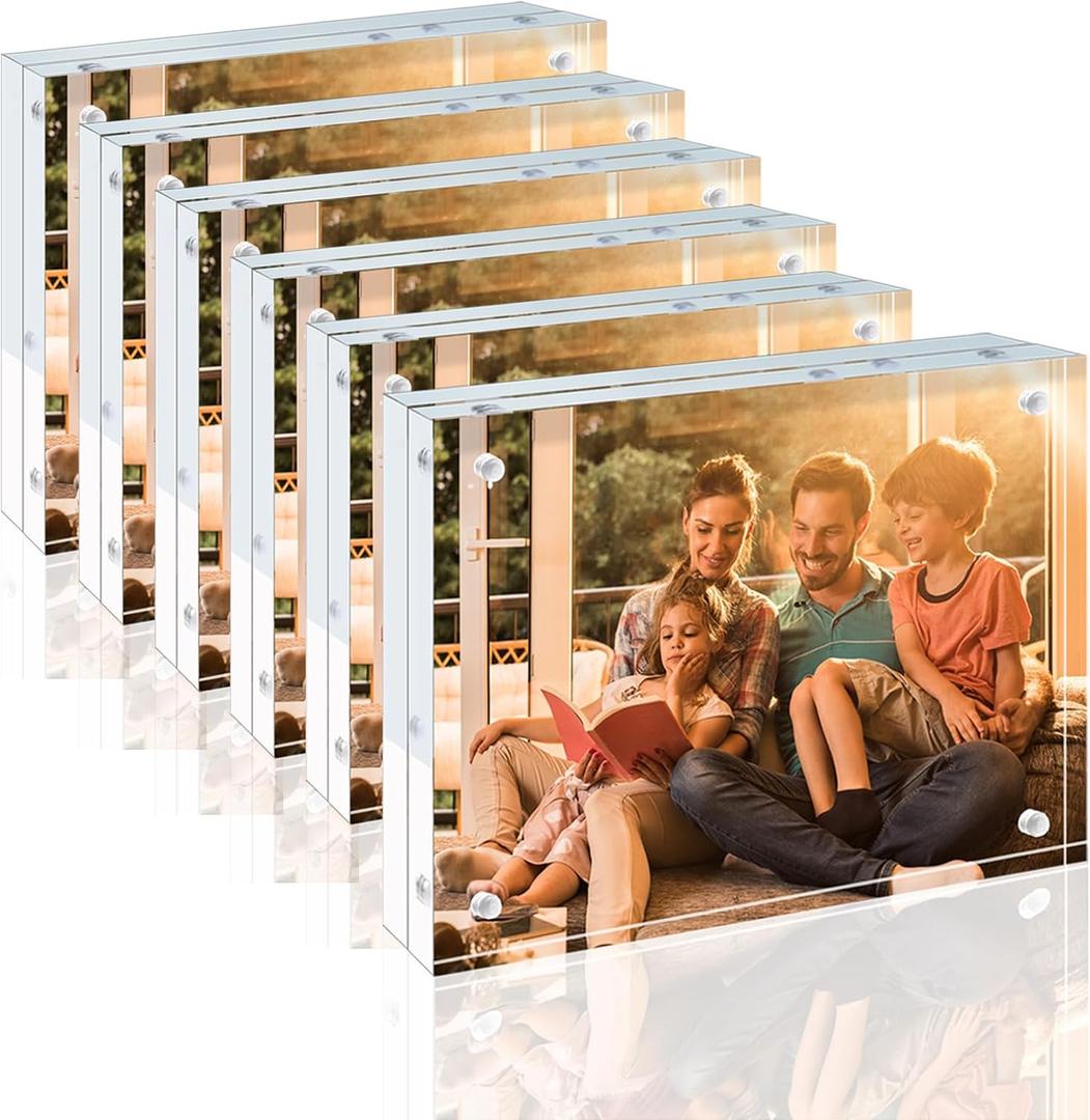 Egofine 5x7 Acrylic Frames 6 Pack, 20mm Thicker Frameless Clear Picture Frames, Double Sided Magnetic Picture Frames, Free Standing Desktop Display