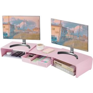 LEKETREE Dual Monitor Stand Riser with Drawer, Desk Organizer and Accessories, Pink Monitor Stand for Desk, Desktop Stand for Computer, Laptop, TV and More (Pink)