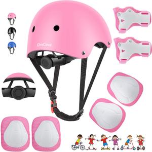DaCool Kids Bike Helmet Set Skateboard Knee Pads - Kids Helmet Elbow Pads Wrist Guards Adjustable for 3~10yrs Girl Boy Kids Protective Gear Set for Sport Cycling Bike Roller Skating Scooter (1-Pink)