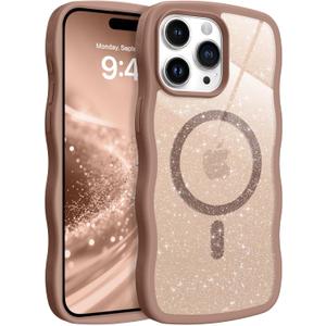 BENTOBEN for Magnetic iPhone 15 Pro Max Case, Cute Curly Wavy Frame Bumper [Compatible with Magsafe] Clear Glitter Sparkly Slim Shockproof Protective Girly Women Men Boys Phone Cover, Desert Titanium