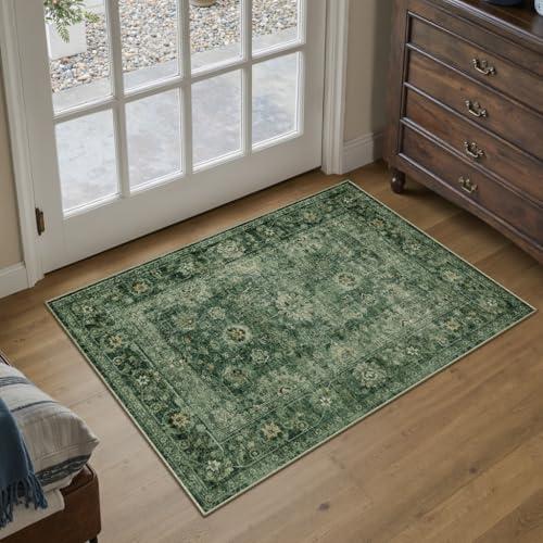 WondRg 2x3 Washable Area Rug for Entryway Green Vintage Non-Slip Low Pile Distressed Rustic Carpet Lightweight Vacuumable Inoor Door Mat Soft Small Throw Rug for Entrance Bathroom