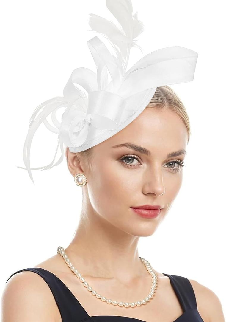 Women Kentucky hat derbys Fascinators Headband Tea Party Wedding Bridal Cocktail Ribbon Feathers Hair Clip White One Size