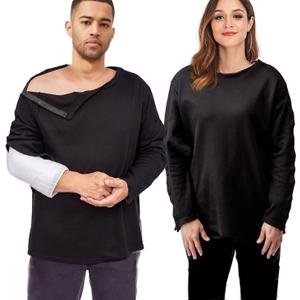 houlder Surgery Shirts, Unisex Rehab Shirt with Discreet Shoulder Snaps, Chemo Clothing, Long Sleeve Shirt Men, Black, Small