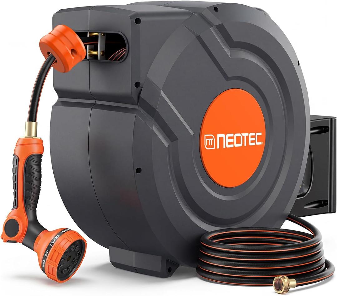 Upgraded Retractable Garden Hose Reel 1/2 inch x 130 ft 9 Pattern Nozzle Wall-Mounted Any Length Lock Automatic Slow Return 180 Swivel UV Resistant Heavy Duty Hose Reels for Outside