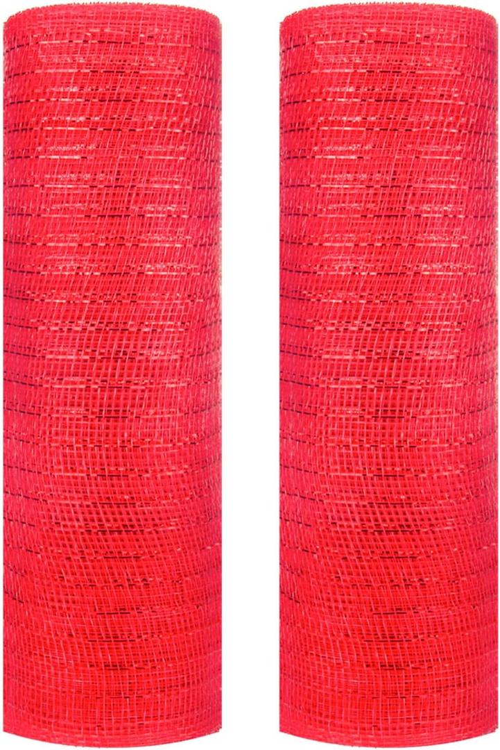 Decor Mesh Poly Ribbons 10 Inch x 30 Feet Each Roll Metallic Foil Mesh Ribbon Christmas Tree Decorative Mesh Red and White Rolls for Xmas Wreaths (Red+Red Foil)