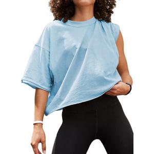 Women's Oversize Workout Crop Tops Short Sleeve Crewneck Drop Shoulder Boxy T Shirts Summer Casual Solid Basic Tees (Blue, L)