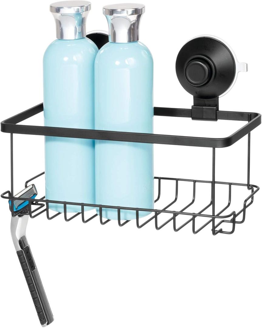 iDesign Everett Metal Push Lock Suction Shower Caddy, Extra Space for Shampoo, Conditioner, and Soap with Hooks for Razors, Towels, Loofahs, and More, 9.1" x 4.53" x 3.63", Matte Black
