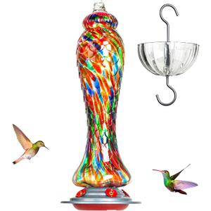 Hummingbird Feeders for Outdoors Hanging, Hand Blown Glass 26 OZ Nectar Capacity, 5 Flower Ports, 8 OZ Ant Moat, Unique Backyard Decor Gardening Gift for Bird Lover, Mermaid Red