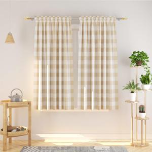 Buffalo Check Curtains 45 inches Long Cotton Basement Beige and White Gingham Plaid Kitchen Window Panels Living Room Checker Drapes Bedroom Rod Pocket Window Treatment 2 Panels