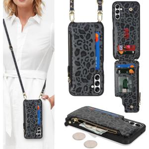 Cavor for Samsung Galaxy A14 5G Phone Case Wallet for Women, Galaxy A14 Crossbody Case with Strap,Leather Zipper Pocket Card Holder Cover-Leopard Black