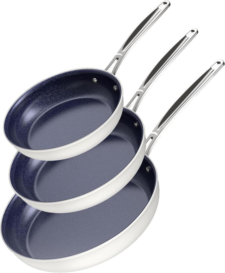 Nuwave 3-Piece 8, 10, 12 Forged Lightweight Frying Pan Set, G10 Healthy Duralon Blue Ceramic Ultra Non-Stick, Ergonomic Stay-Cool Handles, Induction-Ready & Works on All Cooktops (Vanilla Cream)