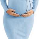 Ecavus Women's Winter Maternity Sweater Dress Long Sleeve V Neck Slim Fit Ribbed Knit Midi Bodycon Dresses with Belt (Large, Blue)