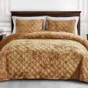 Chezmoi Collection Lux Caramel Gold Velvet Quilt Oversized King Set, 3-Piece Plush Distressed Velvet Bedding All Season Lightweight Comforter Brushed Microfiber Reverse with Diamond Stitch Quilting