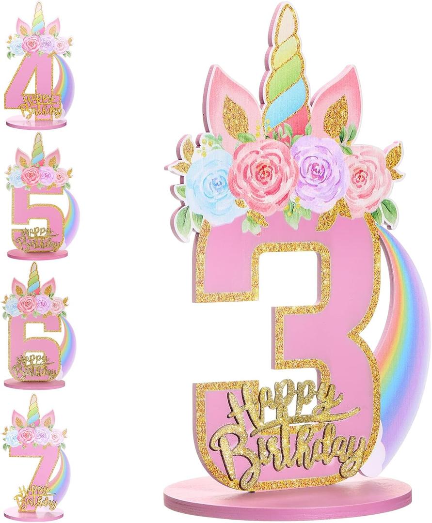 MiniInflat 1/2/3/4/5/6/7/8/9th Unicorn Birthday Party Decorations 11.8 Inch Wooden Table Centerpiece Number Sign for Girls Unicorn Party Supplies for Kids Anniversary Birthday(Number 3)