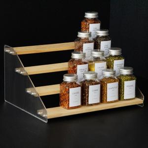 nianfeng Tiered Spice Rack, 4-Tier Spice Pantry Kitchen Cabinet Organizer, 12-Inch, Natural Wood Acrylic Stair Riser Stand, Countertop Seasoning Shelf