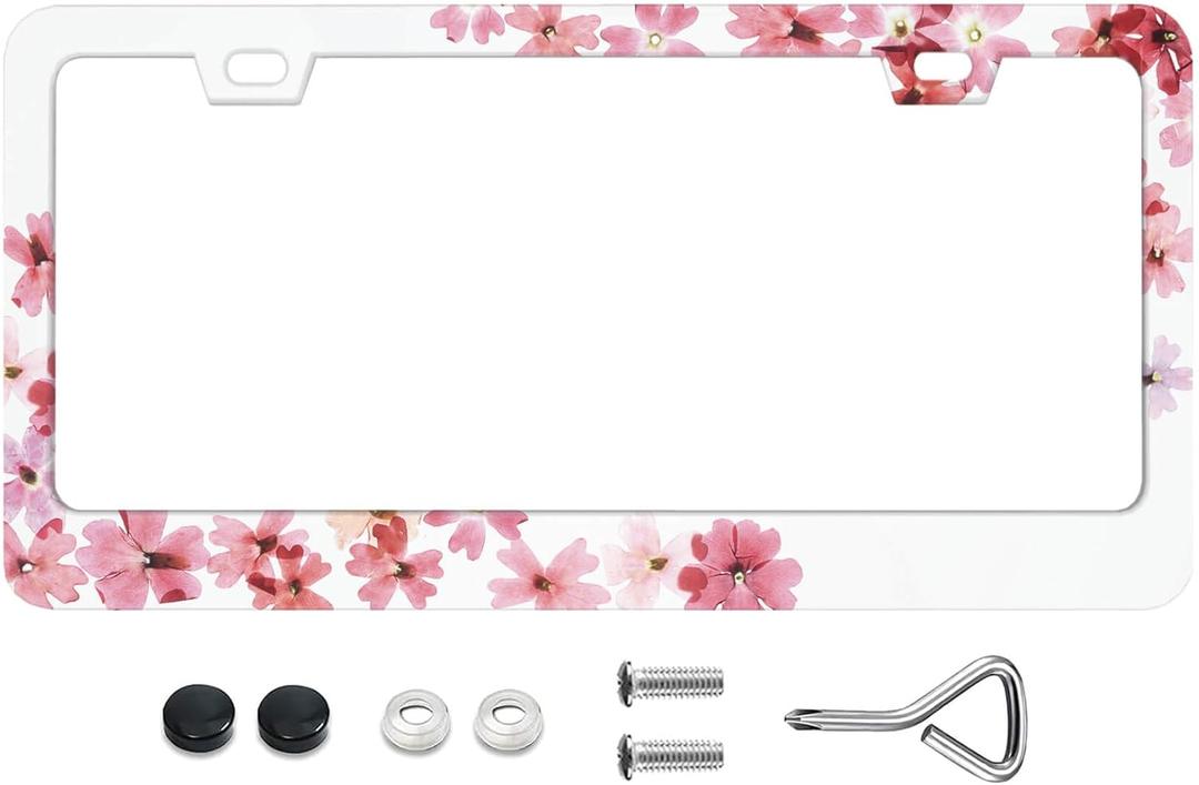 Cute License Plate Frames Pink and White Flowers License Plate Frame with Screws Blue Floral Metal Funny License Plate Cover Holder 6.3 X 12.3 inch for Car Decoration for Women Men LICEPLAME (04)