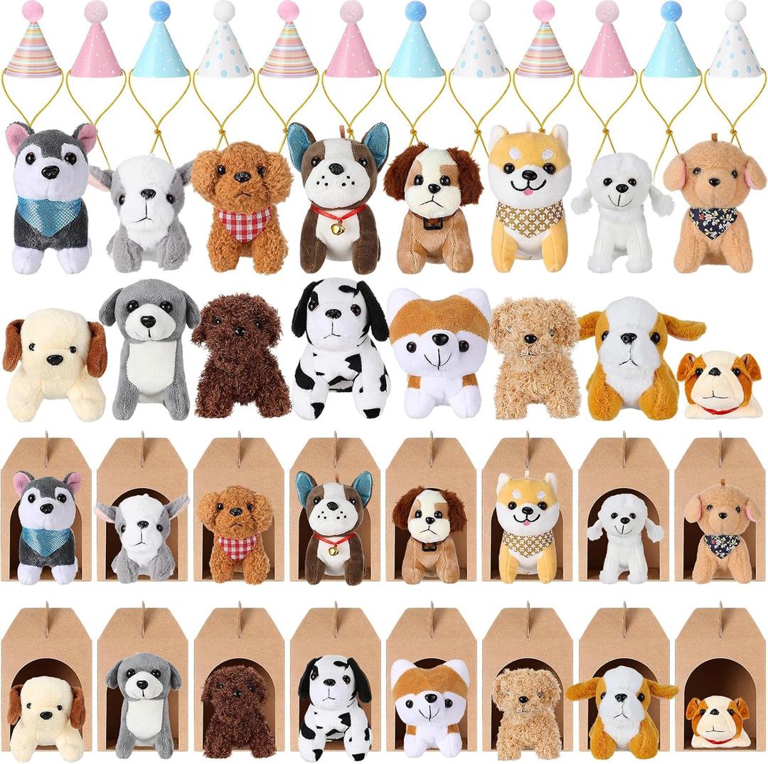 Patelai Mini Plush Dog Toy Bulk Stuffed Animals Set Plush Assorted Soft Small Puppy with Birthday Hats Kraft Paper Boxes for Animal Theme Birthday Party Gift