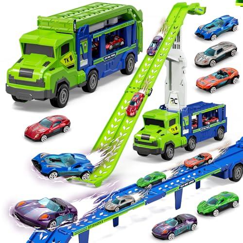 BainGesk Truck Car Toys for 3, 4, 5, 6 Years Old Boys Girls, 3 in 1 Carrier Truck with 2 Foldable Race Tracks, Transport Car with 6 Metal Cars, Birthday Toys Gifts for Toddlers