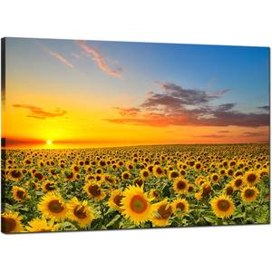 sechars Sunflower Canvas Wall Art Sunrise in Field Landscape Picture Painting Print Modern Living Room Decor,Framed Ready to Hang, 36"L x 24"W