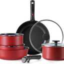CAROTE Pots and Pans Set Non Stick, Cookware Sets, Oven/Fridge Safe, Space Saving Pots Set, 11pcs Kitchen Set, Nonstick Set with Versatile Removable/Detachable Handle, Induction RV Set, Red and Black
