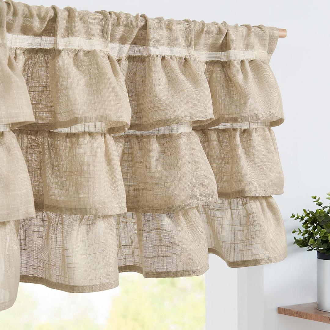 jinchan Ruffled Valance Curtain Slubbed Crossed Kitchen Valance Vintage Shabbychic Style for Living Room Small Windows 18 Inch Cottagecore Farmhouse Half Window Rod Pocket 1 Panel Taupe
