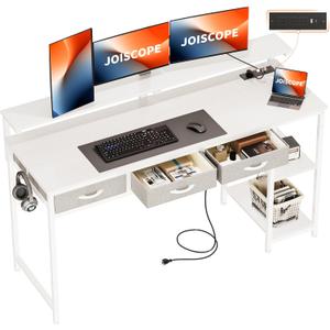 JOISCOPE Home Office Desk with Power Outlets (3AC, USB, Type-C), 60  20 Inch Computer Desk with 3 Drawers & Shelves, Laptop Table with Display Riser, Gaming Study Drafting Table for Bedroom, White