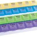 EZY DOSE Weekly (7Day) Daily Medtime Pill Case, Medicine Planner, Vitamin Organizer, Supplement and Fish Oil Container, Large Compartments with Rounded Base, 4 Times a Day, Colored Lids, BPA Free (Yellow/Blue/Green/Purple)