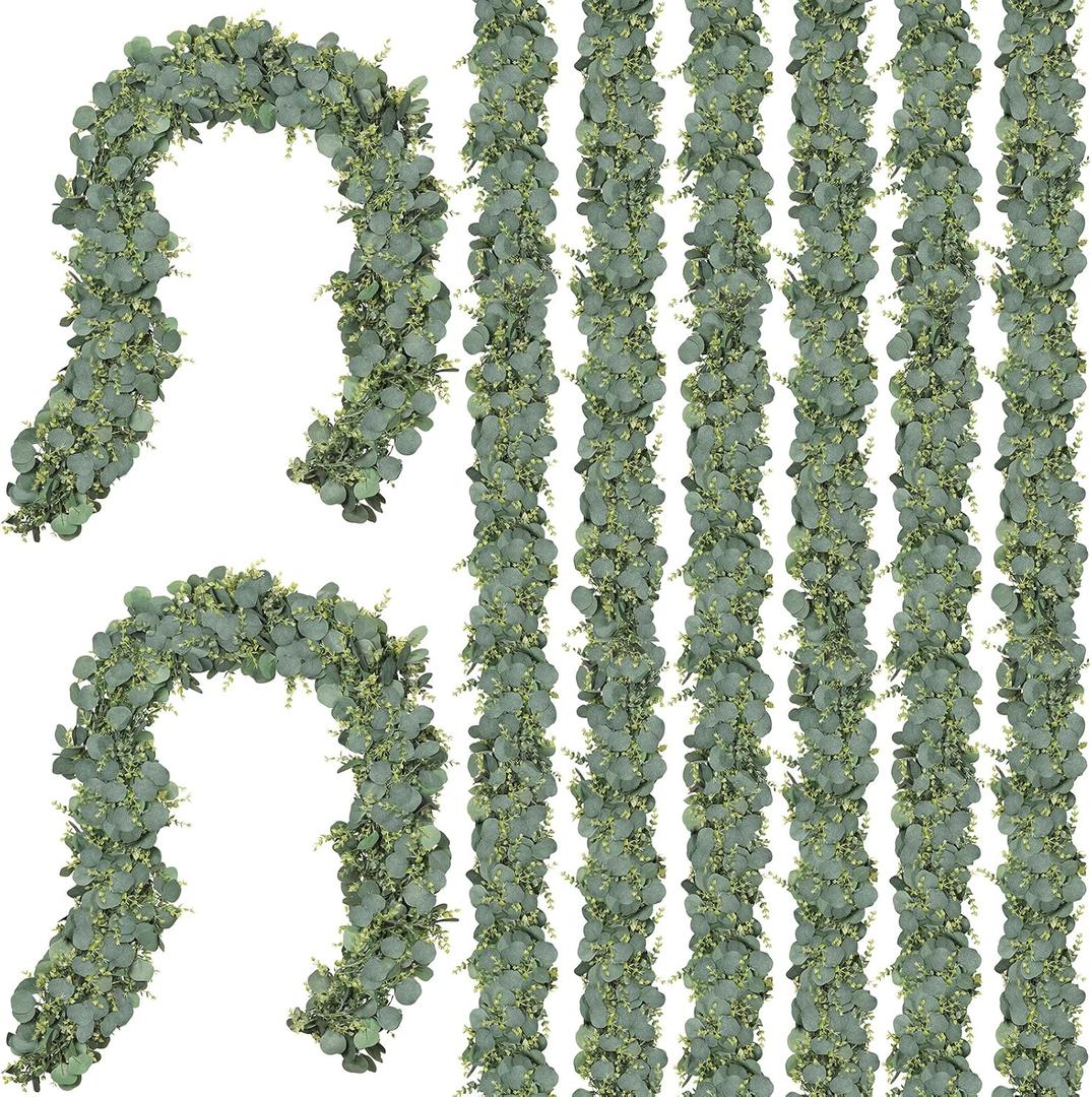 CQURE 8Pcs Eucalyptus Garland,Artificial Eucalyptus Leaves Table Greenery Garland Wreath Vines for Wedding Party Table Fireplace Bedroom Room Decor