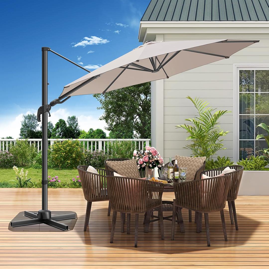 10 FT Patio Umbrella, Outdoor Cantilever Round Umbrella with Creative Swivel Handle and Tilt, Olefin Large Offset Umbrella with 360-degree Rotation Table Garden Pool Patio Umbrellas, Champagne (Beige)