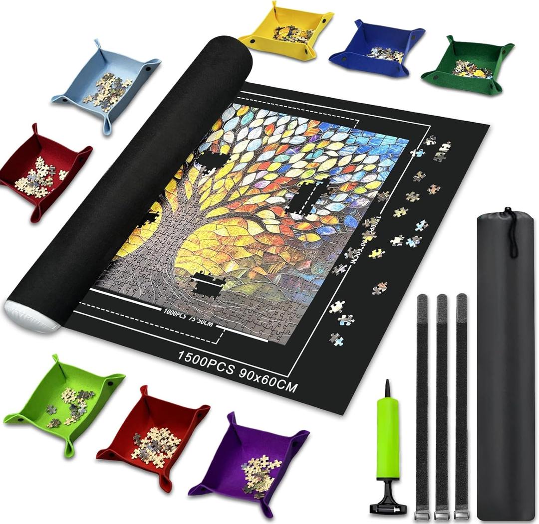 Napzy Puzzle Mat Rollup for Jigsaw Puzzles Storage Matt Roll Up Puzzle Board Saver with 8 Sorting Trays 1 Drawstring Bag Puzzle Table for Up to 1500 PCS