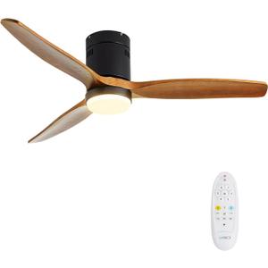 52 Inch Ceiling Fan with Light, Remote Control, Reversible DC Motor, 3CCT, Stepless Dimmable, Noiseless, Flush Mount, Walnut Solid Wood for Indoor Use (Brown)