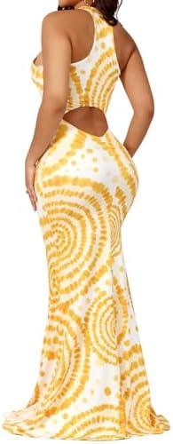 EDITCOZY Women Sexy Bodycon Maxi Dress Tie Dye Beach Summer Dresses Halter Backless Vacation Long Sundress, Yellow, L