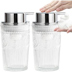 Glass Foaming Soap Dispenser Set - 2 Pack Foam Hand Soap Dispenser for Bathroom, Clear Hand Wash Dispenser Bottle with Silver Pump for Kitchen, 10 Oz Refillable Dish Liquid Foam Dispenser 2 Pcs