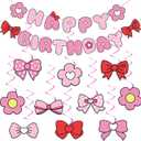 Pink Bow Birthday Party Decorations Bow Happy Birthday Banners Pink Hanging Swirl Cartoon Cat Theme Party Supplies Cute Bowknot Cutout Streamers for Girls Baby Shower Coquette Bachelorette Party Decor