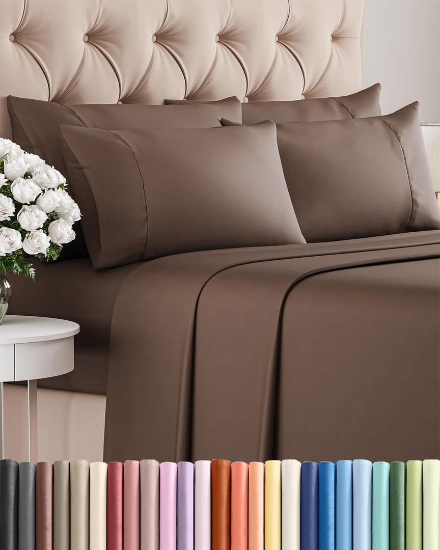 King 6 Piece Sheet Set - Comfy Breathable & Cooling - Ultra Soft Hotel Luxury Bedding Set with 8-16 Inch Deep Pockets - 1 Flat & 1 Fitted Sheet & 4 Pillowcases - Cozy, Wrinkle Free & Easy Care - Brown