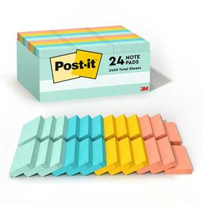 Post-it Notes, 1 3/8 in x 1 7/8 in, 24 Sticky Note Pads, 100 Sheets per Pad, Beachside Café Collection, New Year Organization or Second Semester School Supplies