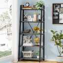 BON AUGURE 5-Tier Ladder Shelf, Industrial Leaning Bookcase, Wood and Metal Ladder Bookshelf for Living Room, Bedroom, Kitchen, Home Office (Grey Oak)