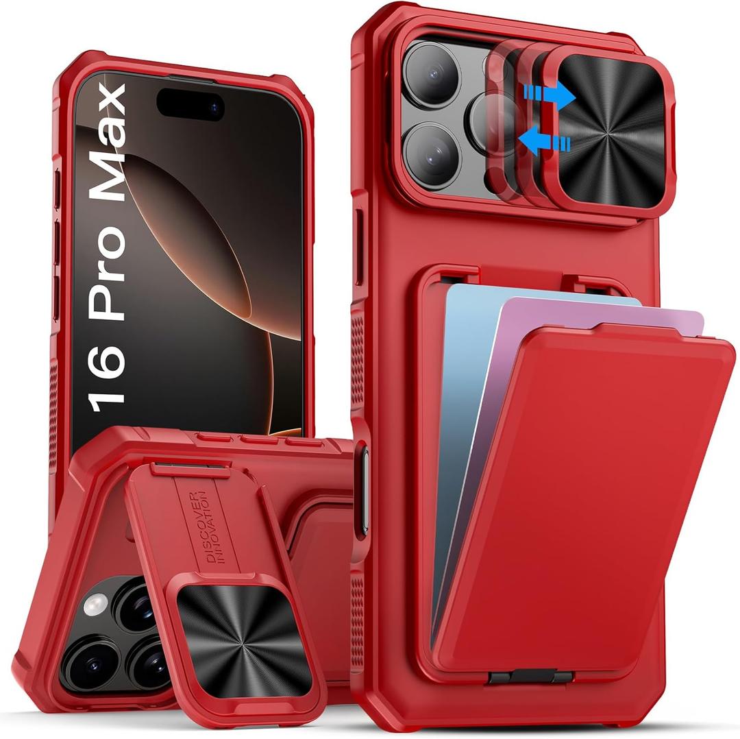 SSLOTSCASE for iPhone 16 Pro Max Case with Credit Card Holder & Lens Cover Stand & Kickstand, Multi Functional TPU Sturdy Protective Wallet Case Cover for iPhone 16 Pro Max 6.9'' 5G, Red