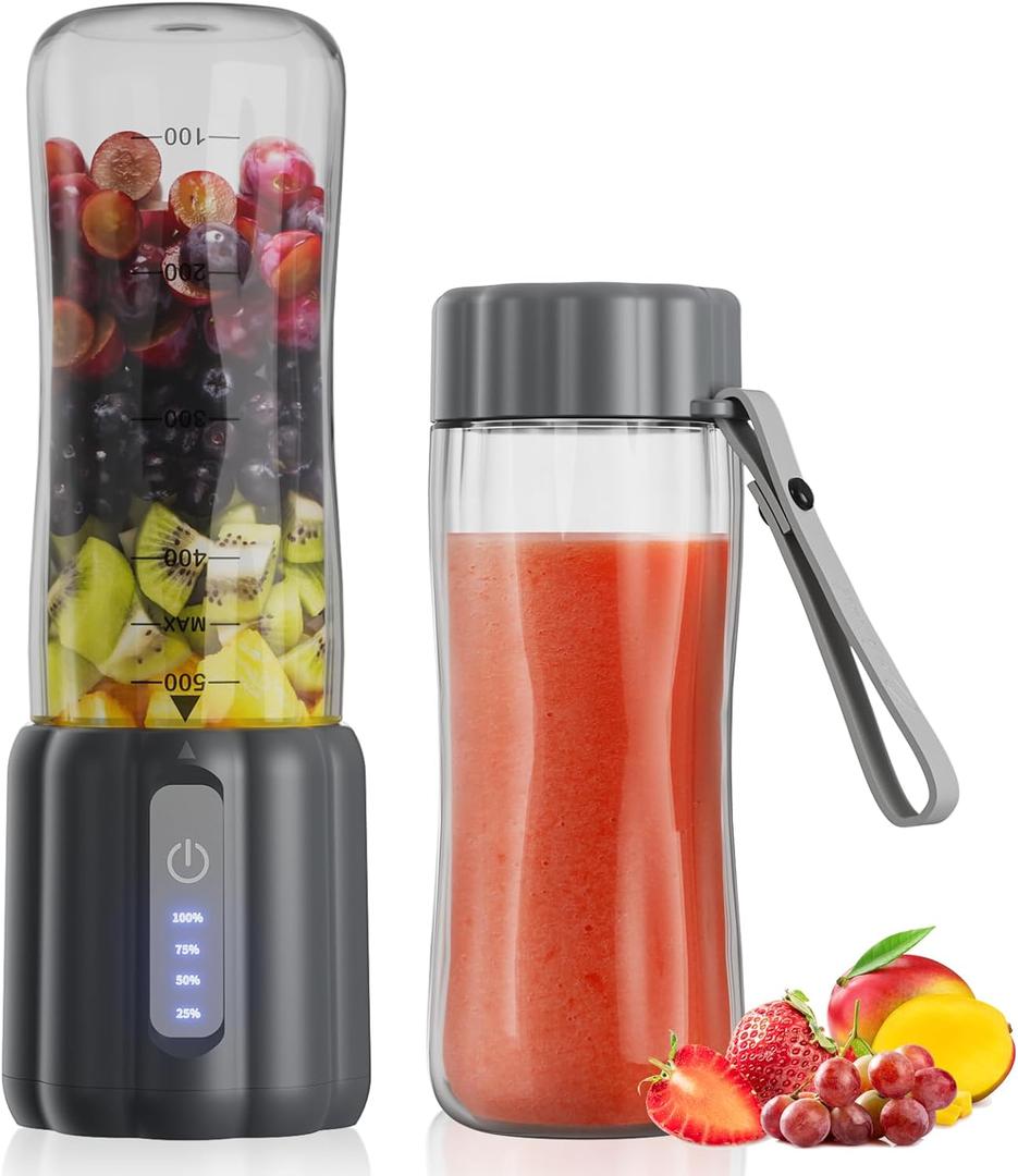 COKUNST 17Oz Portable Blender for Shakes and Smoothies, USB Rechargeable Smoothie Blenders with 6 Blades, Mini Mixer Personal Blender Juicer with Extra Handle Lid for Travel Gym Picnic Office, Grey