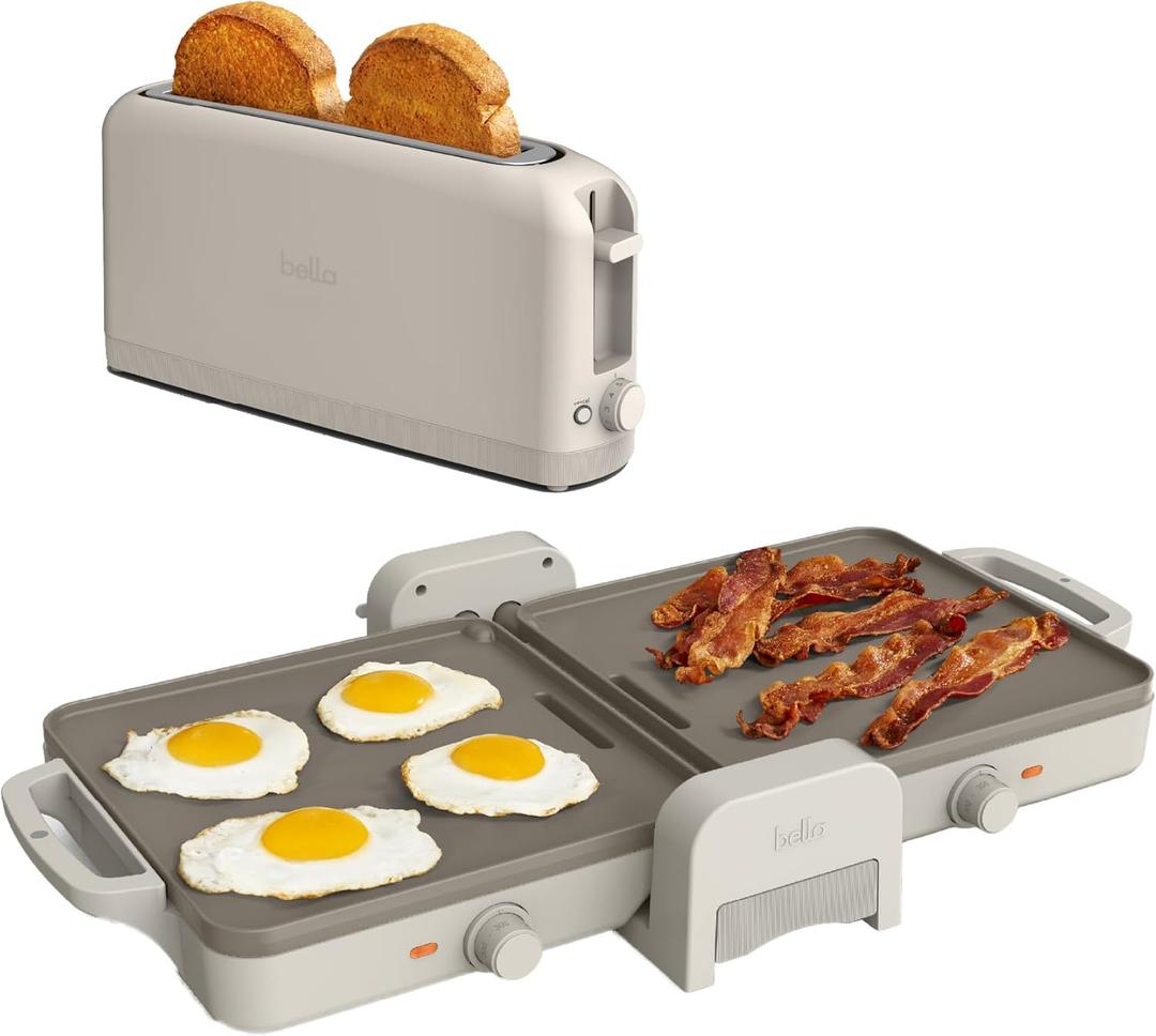 BELLA 10 x 20 in Fold-n-Store Dual Temp Griddle + 2 Slice Slim toaster, Fits-anywhere Kitchenware, Slim Toaster w 6 Shades Control & Griddle w EverGood Ceramic Nonstick Coating, Oatmilk