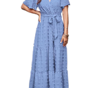 Womens Boho Swiss Dot Maxi Dresses Wrap V Neck Flutter Short Sleeve Solid Tie Belt A Line Tiered Flowy Long Dress, Size M