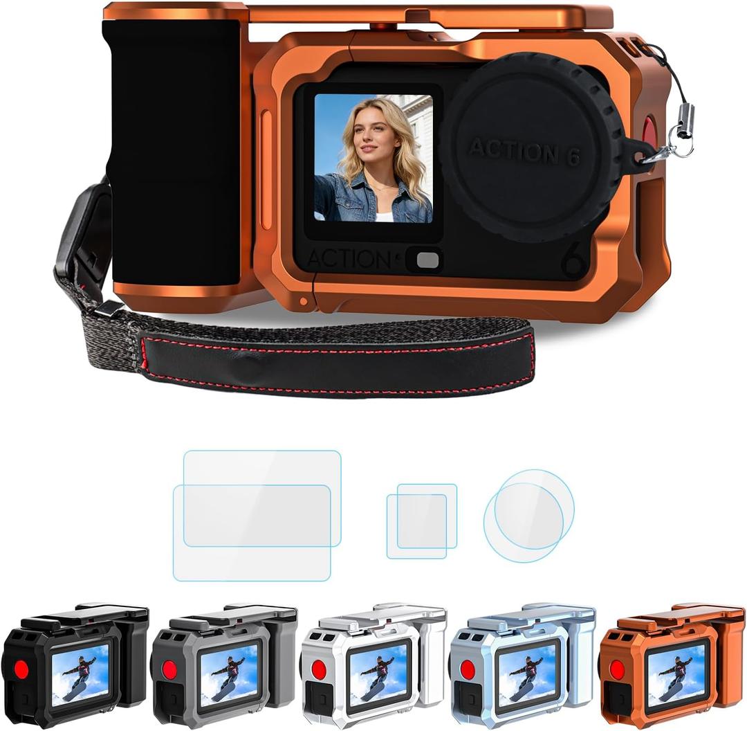 YETAKKR Camera Protection Kit for DJI OSMO Action 6 Aluminum Grip Set - 11-Piece Bundle: Street Photography Handle + Protective Cage + 9H Screen Protector + Wrist Strap Bundle Accessories (Orange)
