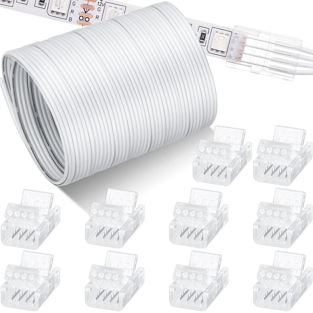 10 Pcs LED Strip Connectors 32.8ft RGB Extension Cable Wire Cord Kit Transparent Solderless Track Lighting Connector for Waterproof or Non Waterproof LED RGB Strip Light (4 Pin, 10 mm)