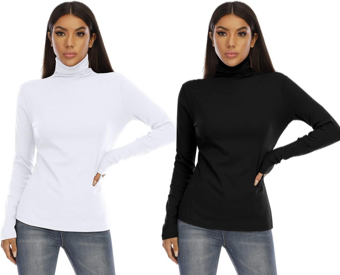 RightPerson Women's Basic Long Sleeve Turtleneck T-Shirt Solid Slim Soft Cotton Tops (X-Large, 2 Pack -White+black)
