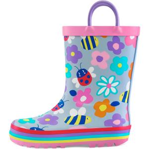 mysoft Kids Rain Boots for Girls Boys Toddler Waterproof Rubber Cute Printed with Easy-On Handles (11 Little Kid, Colorful Flower)
