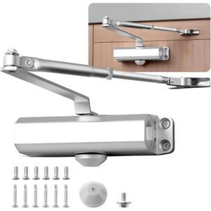 Heavy Duty Automatic Door Closer for 143-187 lbs Door, Commercial Grade Hydraulic Door Closer Adjustable Speed and Hold Open, Size 3 Spring, Sprayed Aluminum - Silver