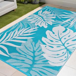 YONILE Outdoor Patio Rug, 9x12ft Waterproof Reversible Large Area Rugs Plastic Straw Mats for RV, for RV, Picnic, Backyard, Deck, Balcony, Porch, Beach (Light Blue&White)