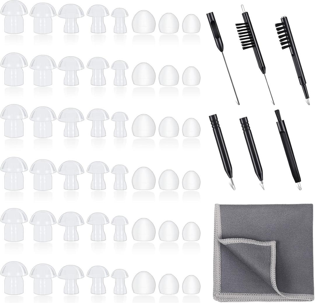 48 Pieces Hearing Aid Tips Hearing Aid Domes Universal Domes for Earbud Tip Replacement, BTE Sound Amplifier Accessories and 7 Pieces Cleaning Tools with Velvet Bag