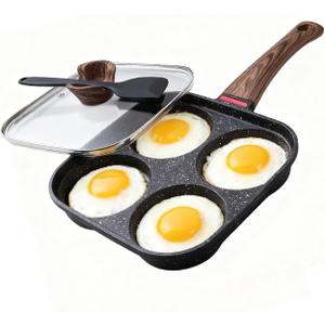 Nonstick 4-Cup Egg Pan With Lid, Black Aluminum Non Stick Frying Pans, Bakelite Handle, Healthy Egg Frying Pan For Pancake, Burger, Sandwiches,Suitable For Gas Stove & Induction Cooktop