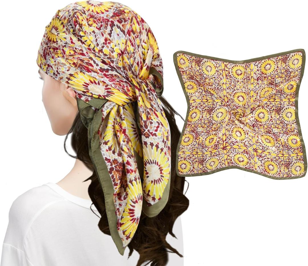 MEANBEAUTY Head Scarf for Women Like Silk Scarf Square Scarves Satin Bandanas Neck Scarfs 27.5 Inch with Gift Packed (Sunflower/Yellow/Green)